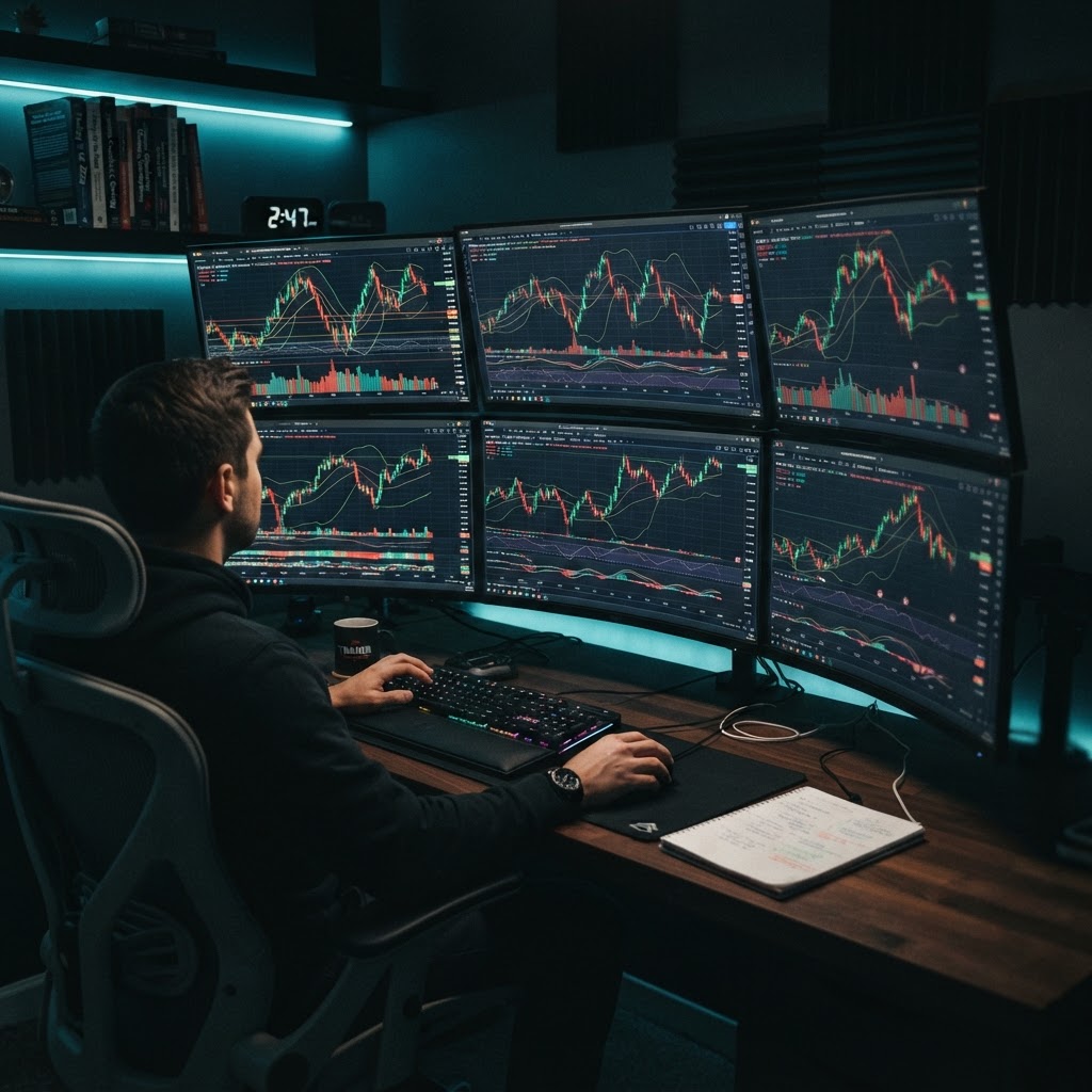 A day trader's multi-monitor setup with live candlestick charts and forex tickers