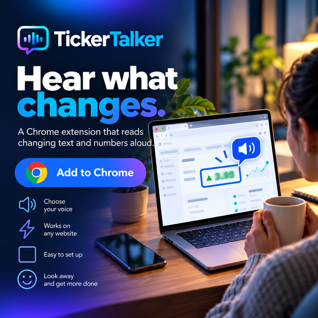 TickerTalker reading a changing number aloud on a laptop