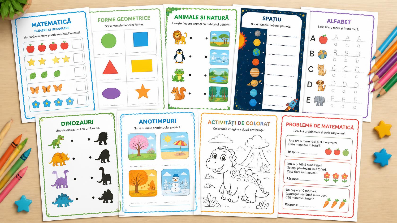 Fișe educative printabile pentru copii, creioane colorate
