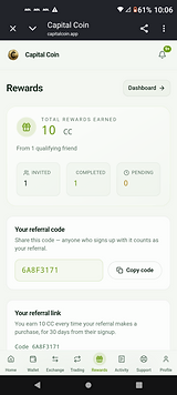 Capital Coin rewards screen with referral code and stats