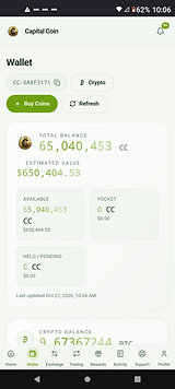 Capital Coin wallet screen with member ID and balances