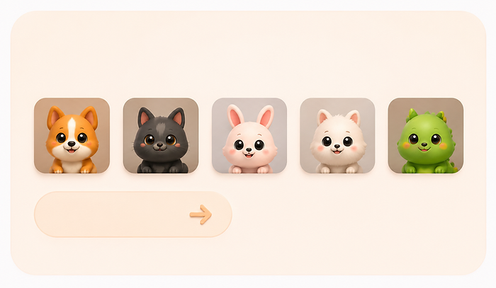 Five pet styles: dog, cat, bunny, fluffy pup and dragon