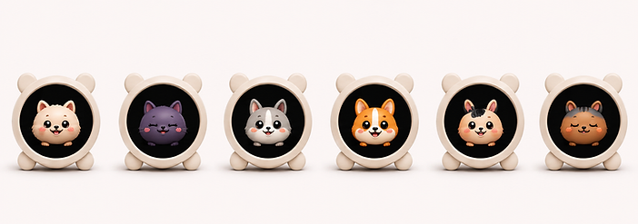 Six Momojaja devices showing different pet expressions