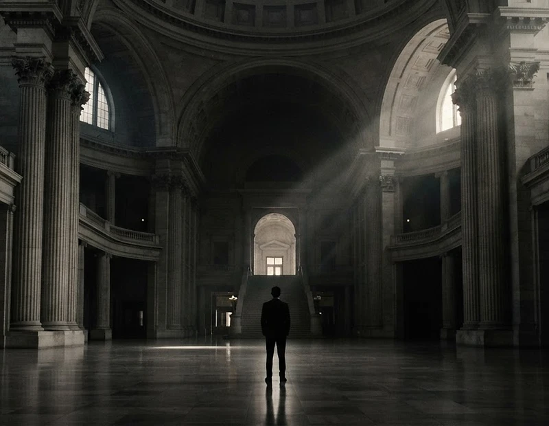 A lone figure in a vast, empty courthouse hall