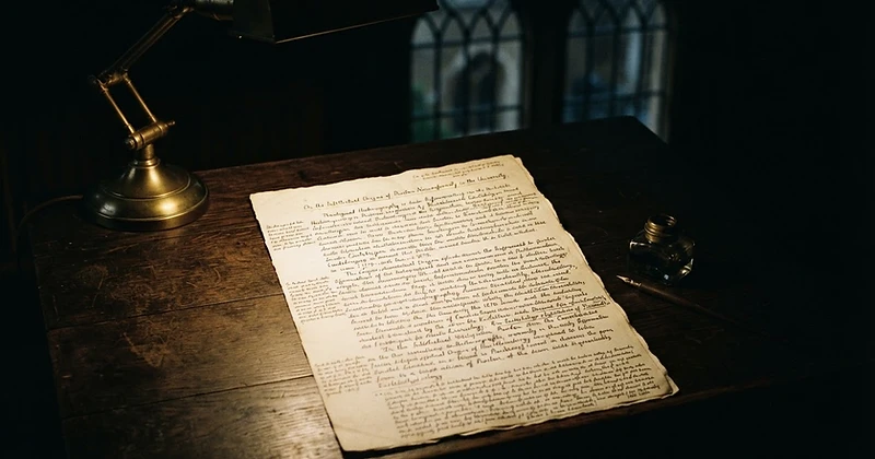 A handwritten manuscript page under a brass lamp