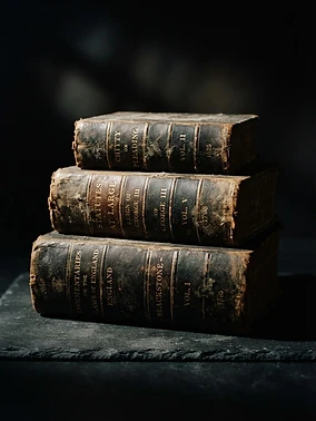 Three antique law books stacked in shadow