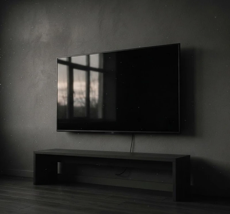 A switched-off television in an empty quiet room