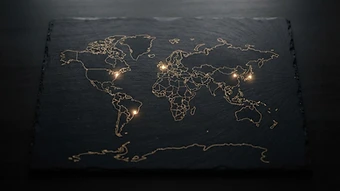 An abstract engraved map marking four offices