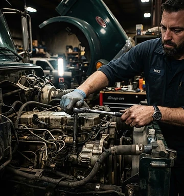 Mechanic working on a truck engine