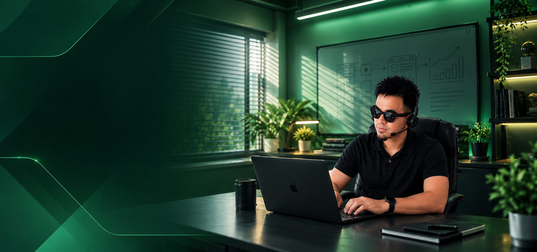 Virtual Assistant working at a desk with a headset and laptop