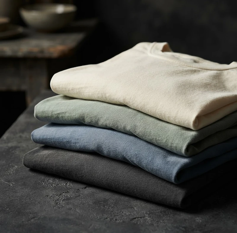 Heavyweight garment-dyed custom T-shirts arranged on a dark textured surface