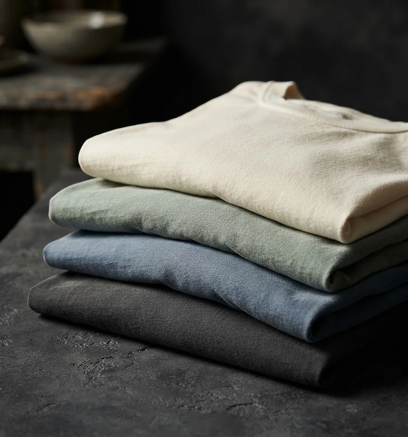 Heavyweight garment-dyed custom T-shirts arranged on a dark textured surface