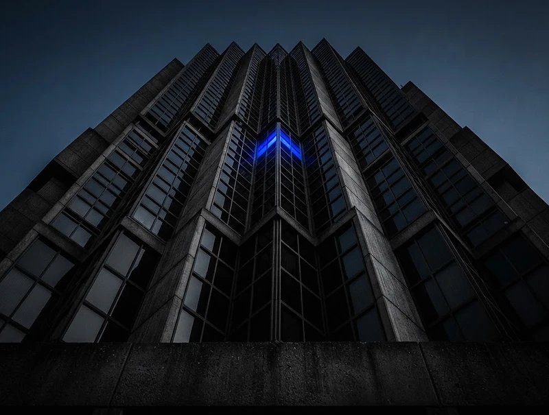 Modern glass architecture at dusk