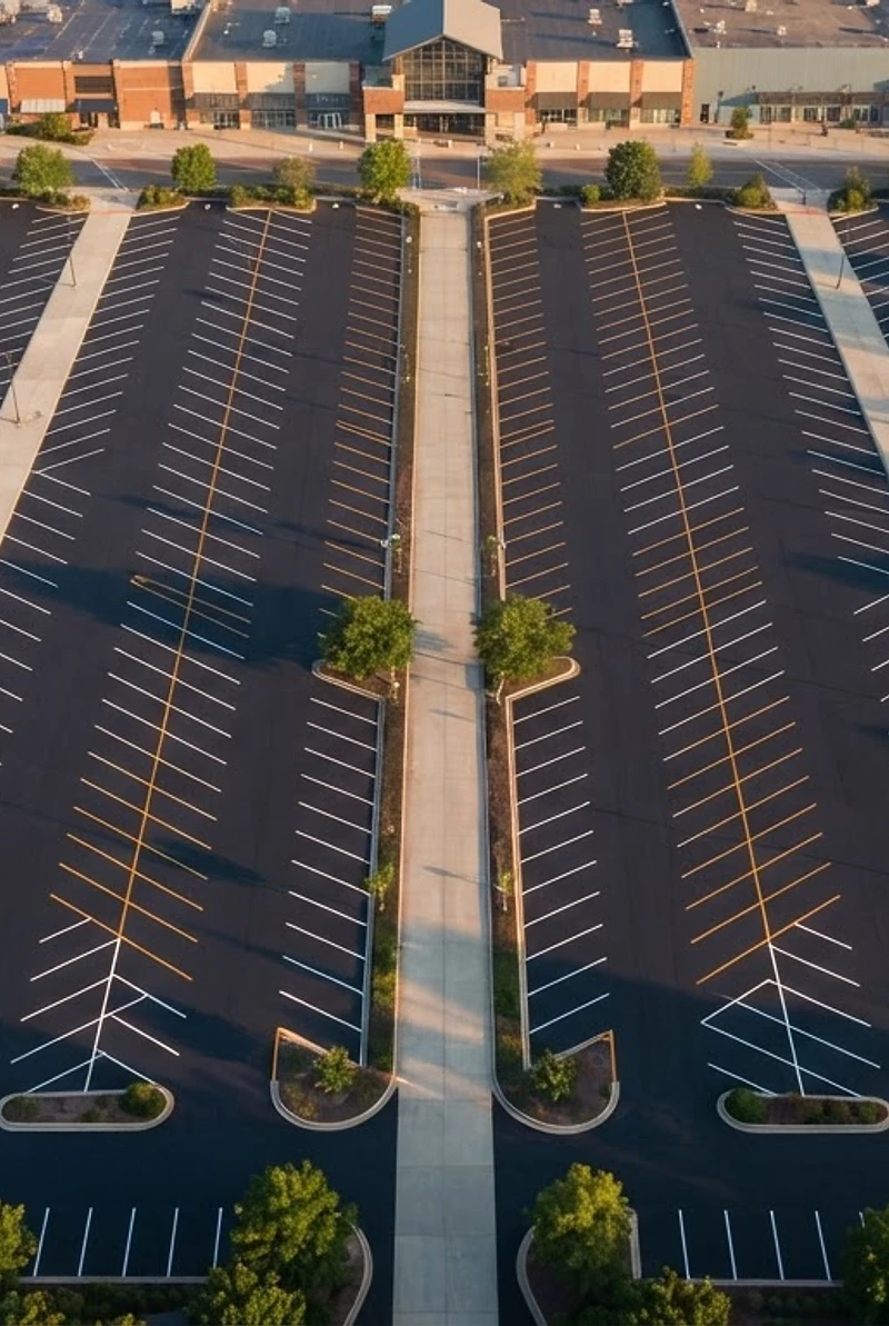 Aerial view of a perfectly striped commercial parking lot