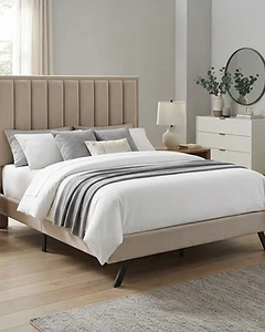 BHE5876 Platform Bed — Beige Microfiber