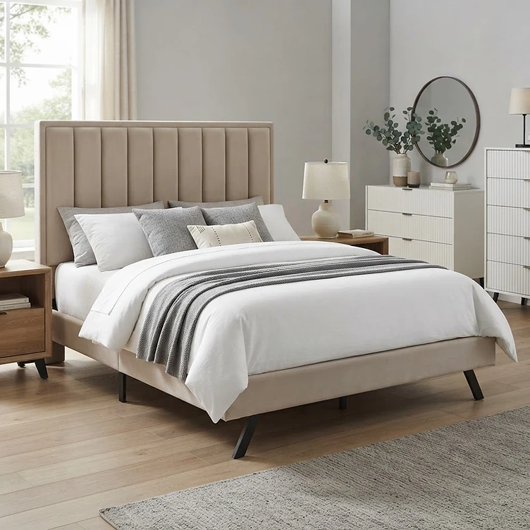 BHE5876 Platform Bed — Beige Microfiber