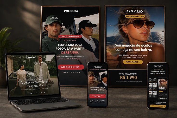 Peças de campanha, anúncios e páginas produzidas para as marcas na plataforma