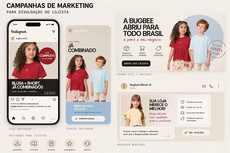 Campanhas de marketing BUGBEE para divulgação do lojista — feed, stories, banner e WhatsApp