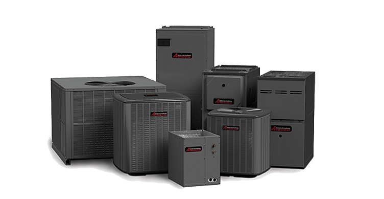 Studio lineup of Amana furnaces and air conditioner condenser units