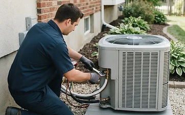 A technician connecting refrigerant lines to a new central air conditioner outside a suburban home.