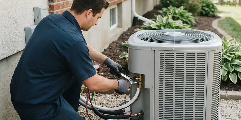 A technician connecting refrigerant lines to a new central air conditioner outside a suburban home.