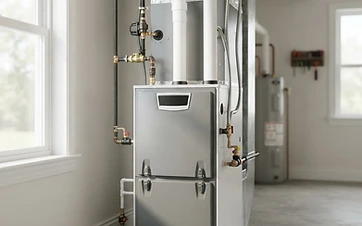 The interior of a clean utility room showing a modern high-efficiency furnace setup for a residential home.
