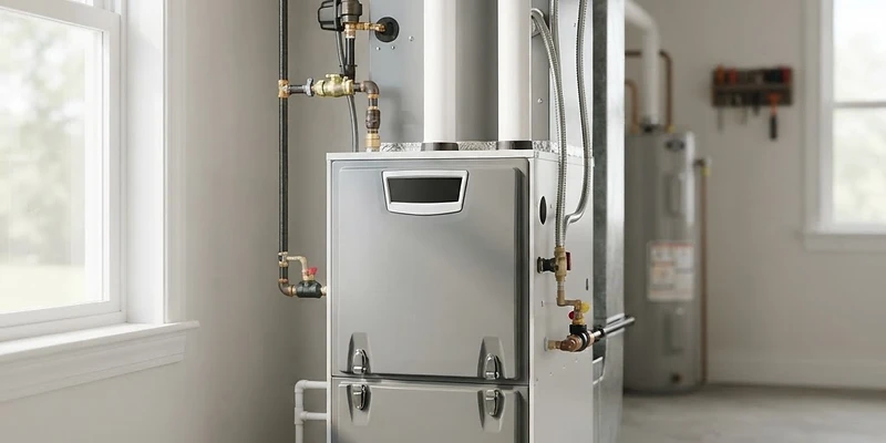The interior of a clean utility room showing a modern high-efficiency furnace setup for a residential home.