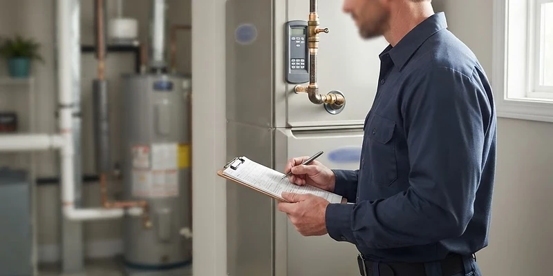 A technician inspecting a residential furnace in a utility room to ensure it is ready for the winter season.