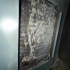 Dirty evaporator coil close-up showing airflow restriction