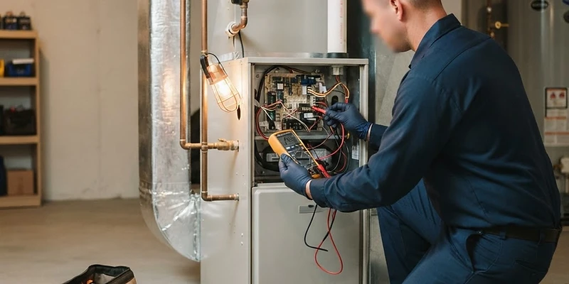 A technician testing the control board of a residential gas furnace during a furnace repair visit in Des Plaines, IL.