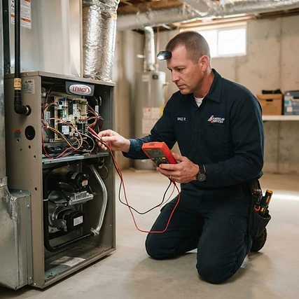 Furnace repair in Des Plaines, IL — certified HVAC technician inspecting and servicing a residential gas furnace with diagnostic tools