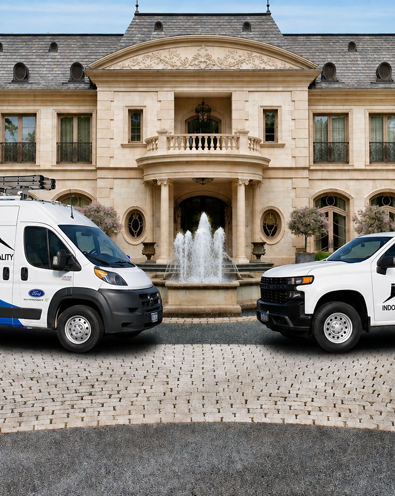 The IAQ Pros service vans and truck parked at a residential property