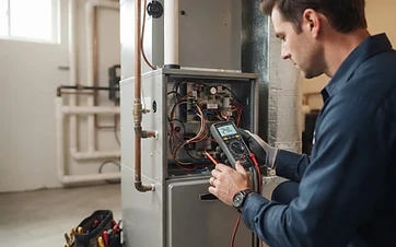 A professional technician performing a routine maintenance check on a residential furnace system in a clean basement.