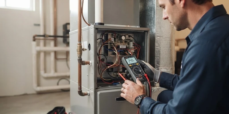 A professional technician performing a routine maintenance check on a residential furnace system in a clean basement.