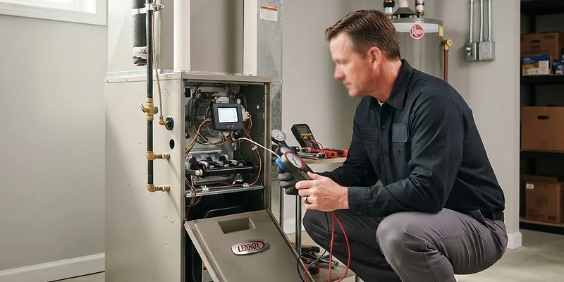 A professional technician performing a maintenance check on a residential home furnace in a clean utility room.