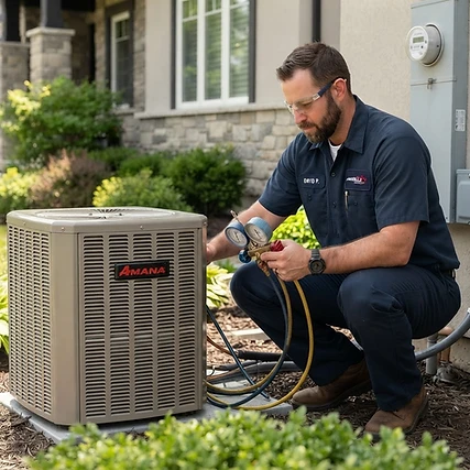AC Repair in Des Plaines, IL — certified technician servicing an Amana residential air conditioning unit
