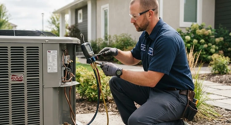 Certified HVAC technician performing AC repair on a residential air conditioning unit in Des Plaines, IL