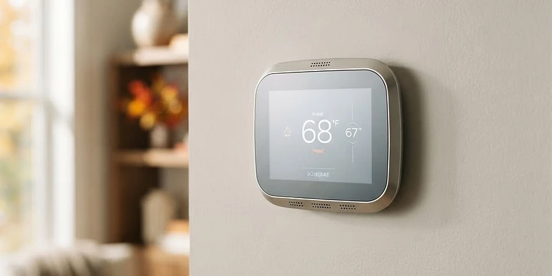 A modern programmable digital thermostat displaying the temperature on a clean wall in a residential home.