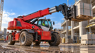 Schwerlast-Teleskopstapler hebt schwere Bauteile und Paletten auf einer Baustelle