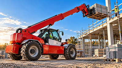 Starrer Teleskopstapler mit ausgefahrenem Teleskoparm und Palettenlast auf einer Baustelle