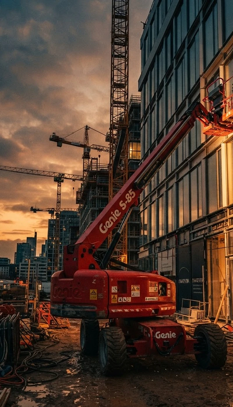 Teleskop-Arbeitsbühne voll ausgefahren gegen einen klaren blauen Himmel mit Operator im Korb