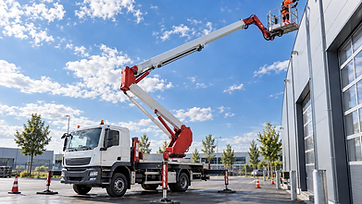 Weiße LKW-Arbeitsbühne mit ausgefahrenem Teleskopausleger im Industriegebiet