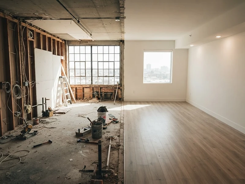 Apartment unit mid-renovation, raw framing transitioning to finished flooring