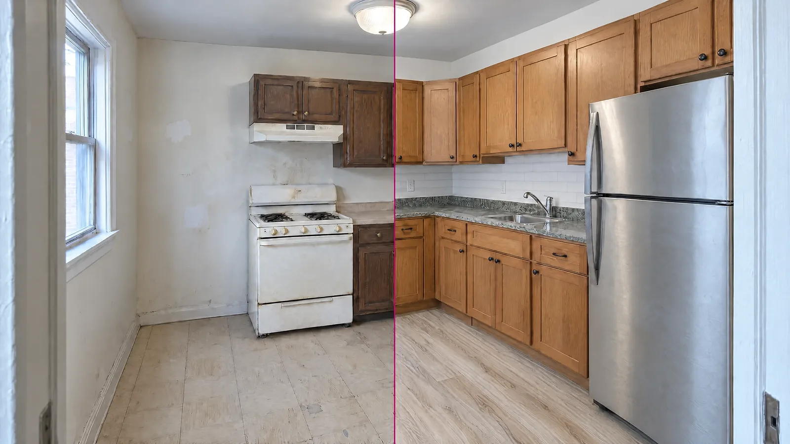 An apartment kitchen shown before and after a full unit turnaround — dated cabinets and worn appliances on one side, new cabinetry, countertop, tile and appliances on the other.