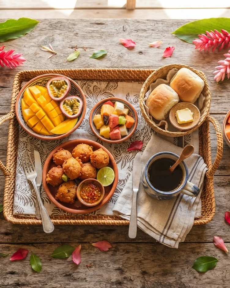 Creole breakfast flat lay: mango, accras, local coffee and alpinia flowers on a timber table