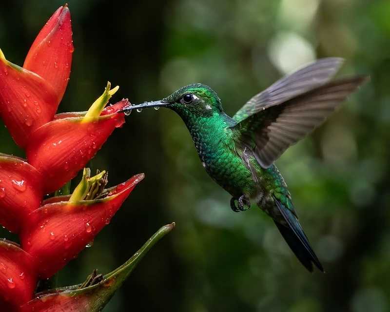 Colibri butinant une fleur de balisier rouge au cœur du jardin botanique