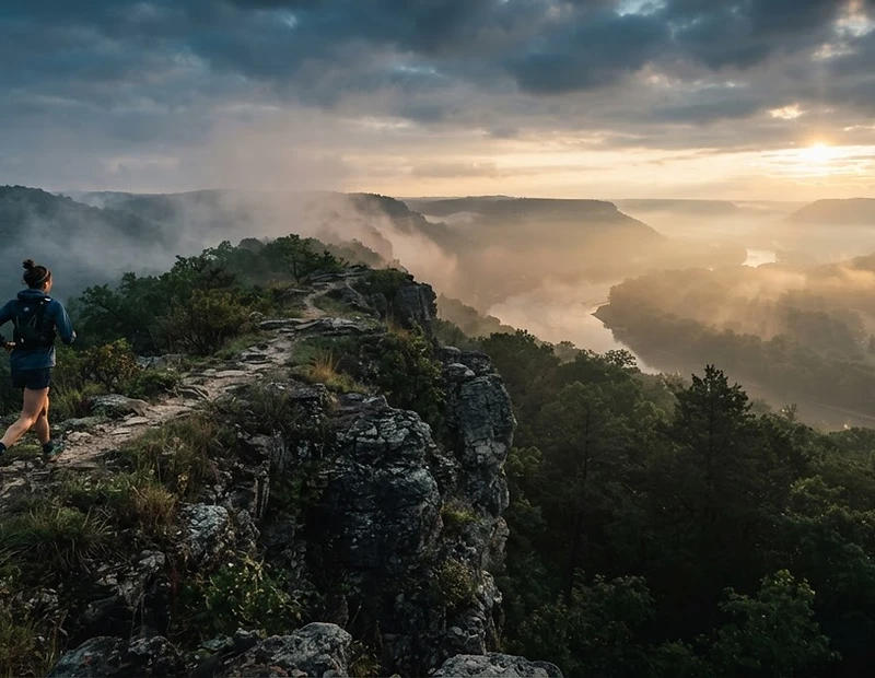Trail runner on a Winona bluff at sunrise