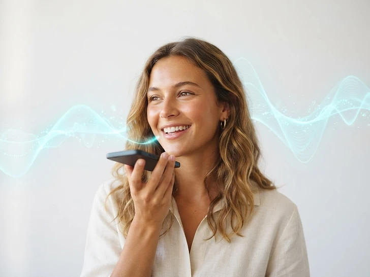Person speaking into a phone with a soundwave visualization