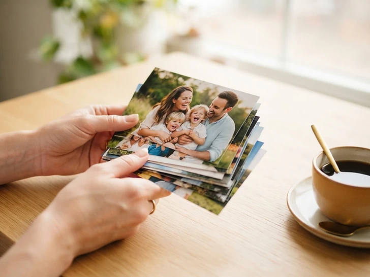 Hands holding printed family photographs