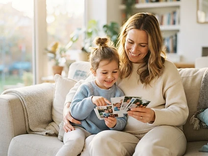 A mother and child looking at printed family photographs together